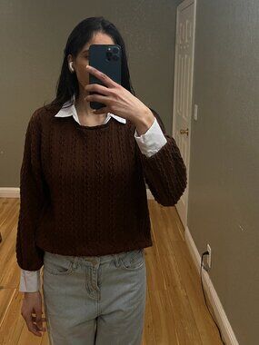 Brown Knit Sweater with Collar Women Size XS Layered Look Long Sleeve Top